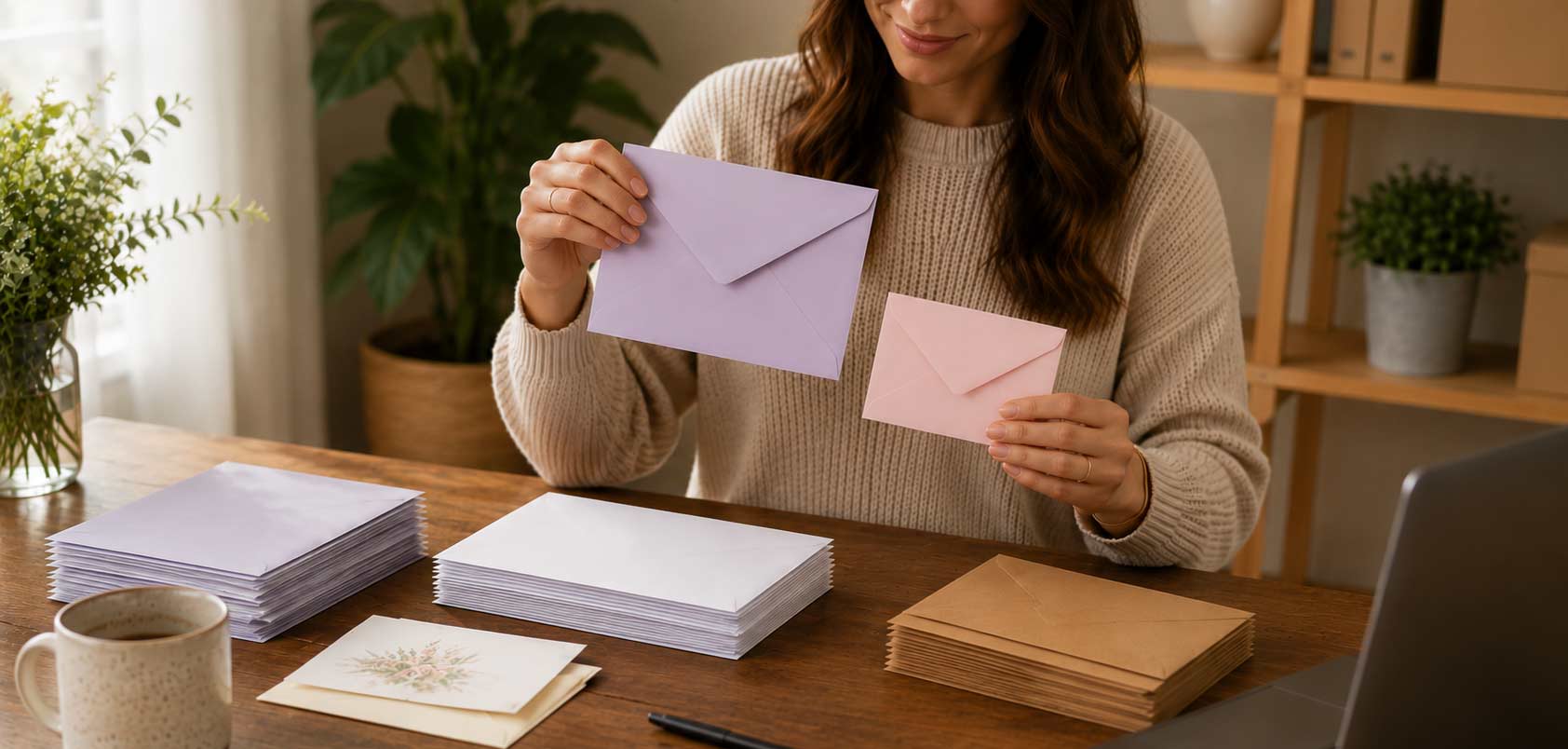Woman at a desk with stationery items, including envelopes and a laptop.