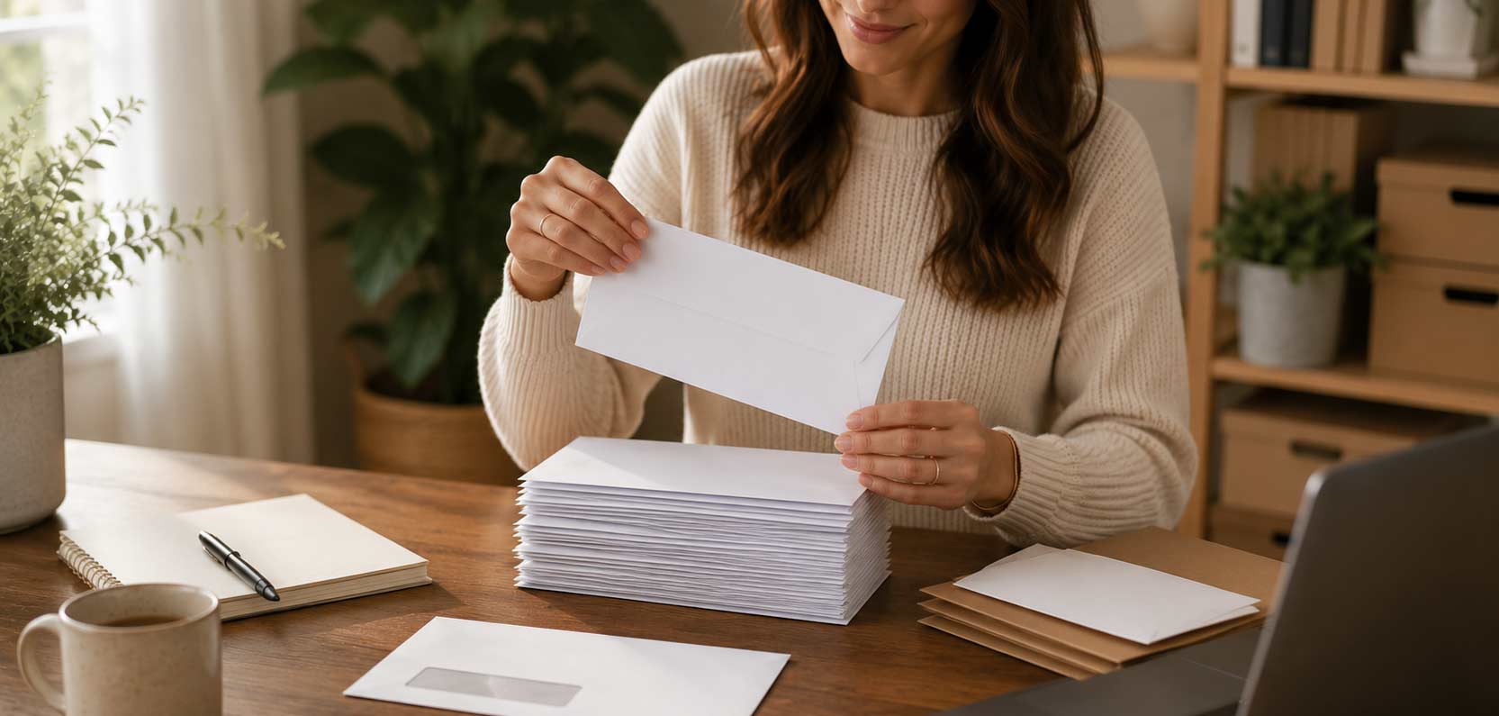 Woman sorting through documents at a desk with a laptop and coffee mug.