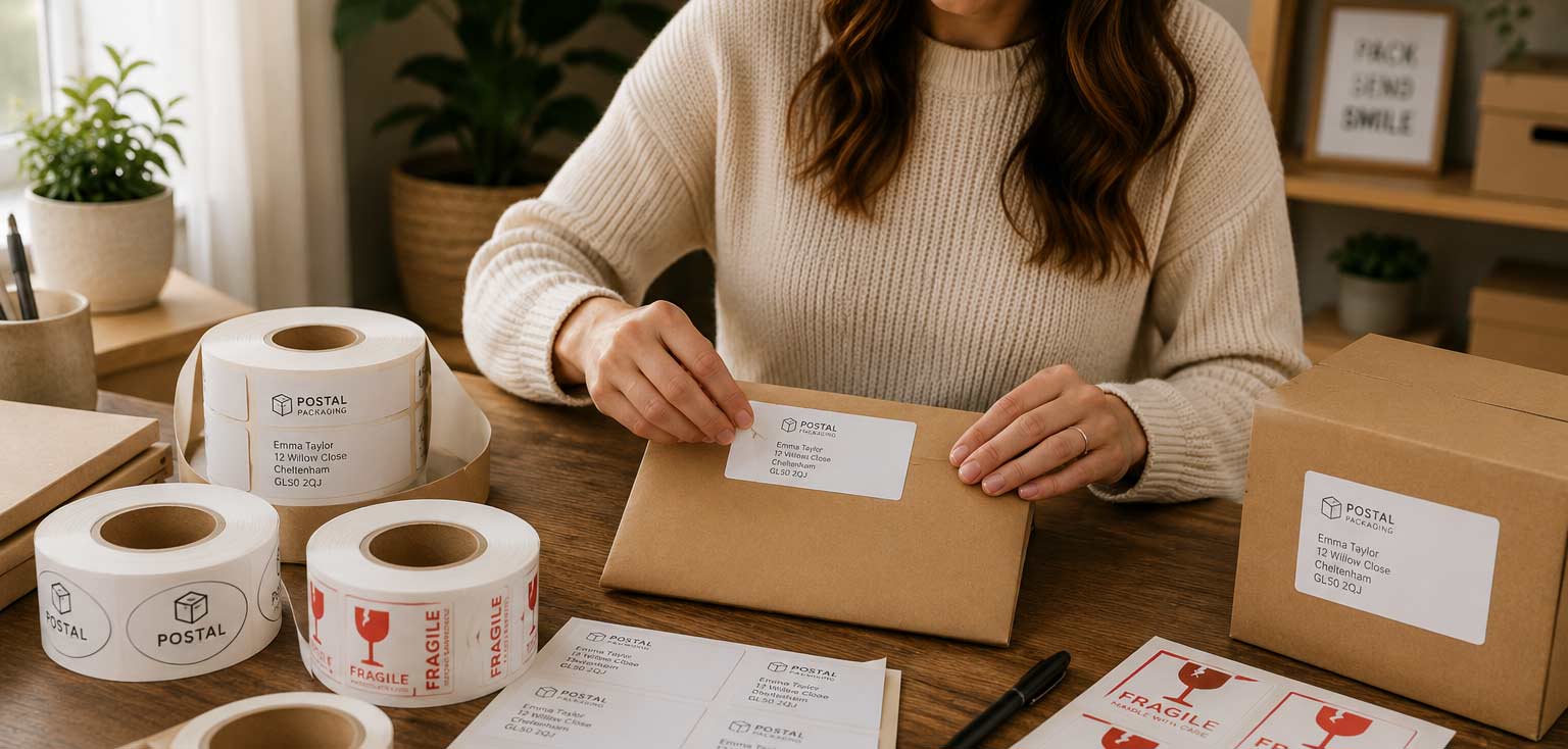Person preparing a package with postal stationery at a desk.