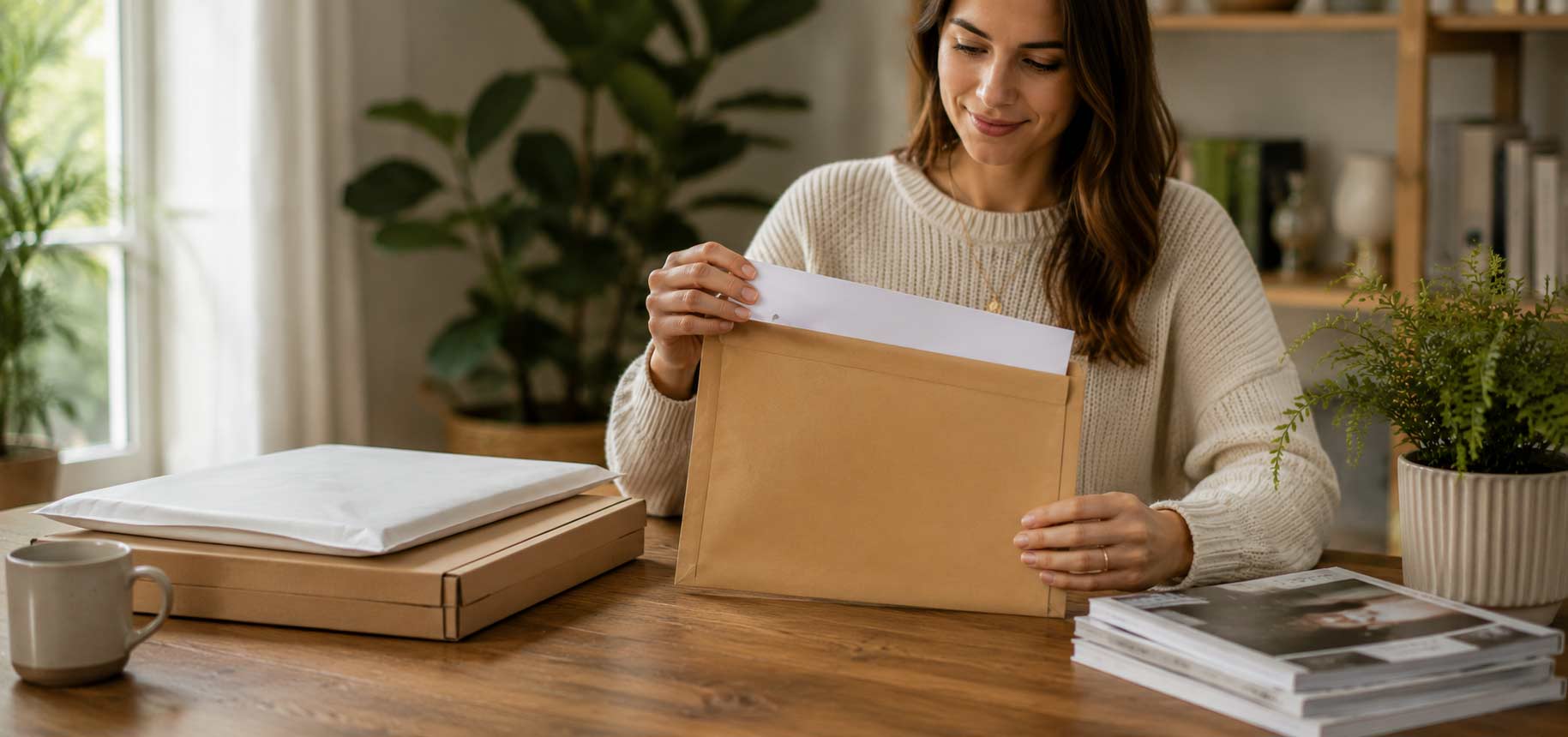 Woman opening a brown envelope at a desk with books and plants in the background
