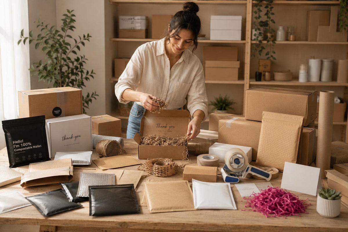 Woman packing items into a box in a room with shelves and various packaging materials.