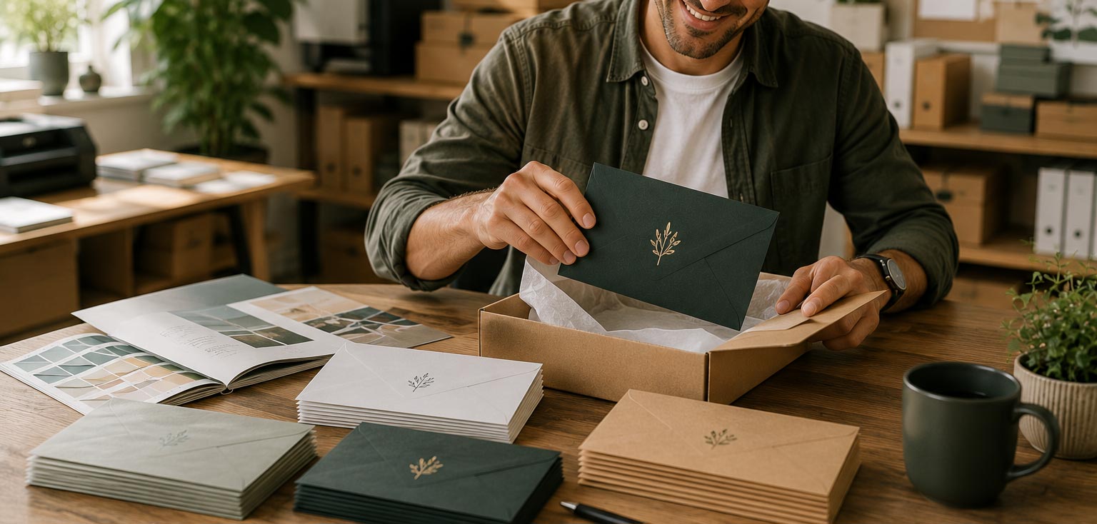 Man opening a box of stationery items in an office setting