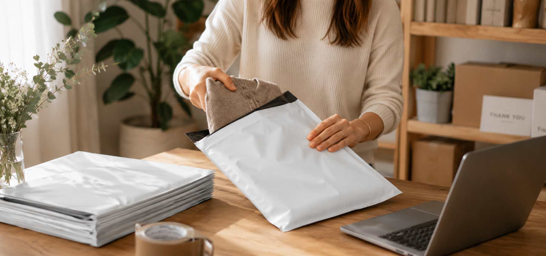 Person packaging a product in a white envelope at a desk with a laptop and stationery.