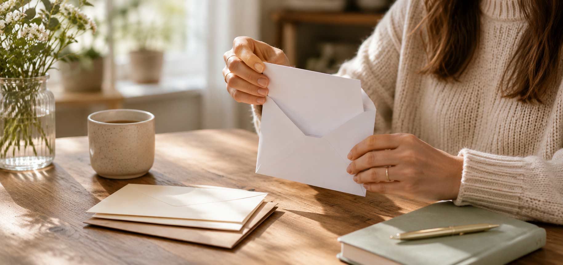 Person sitting at a table with a cup, notebook, and envelope in a cozy indoor setting.