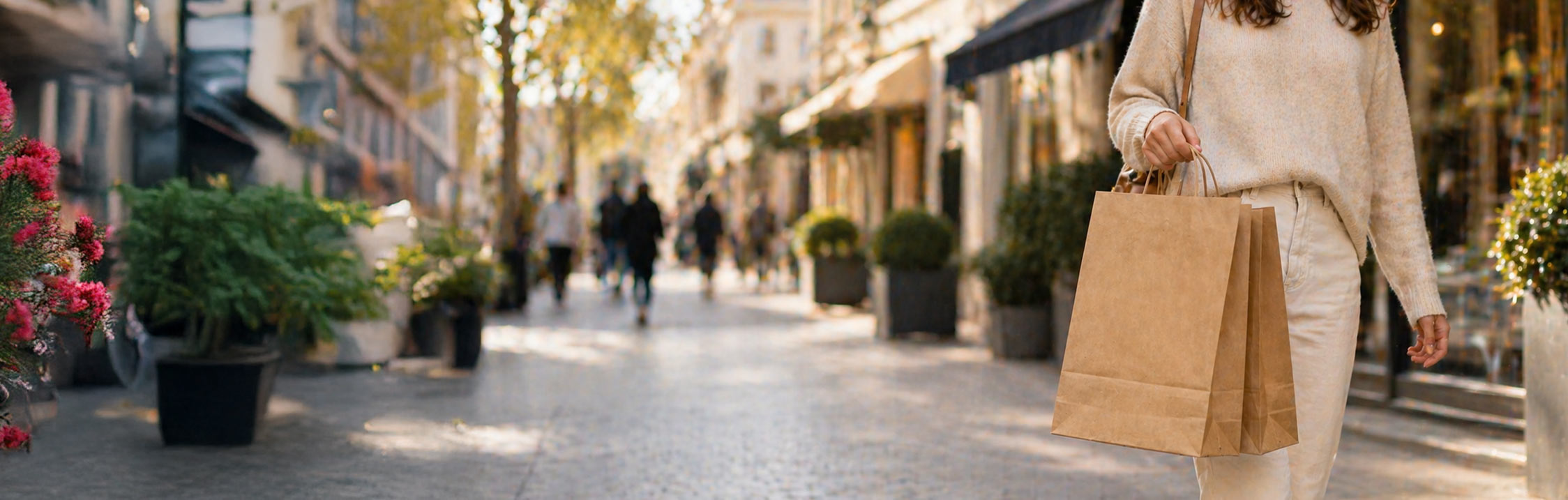 Woman walking down a city street holding shopping bags, with blurred background of pedestrians and shops.