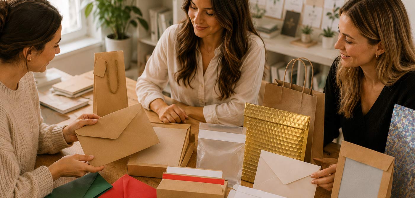 Three women in a workshop setting, working with paper bags and envelopes.