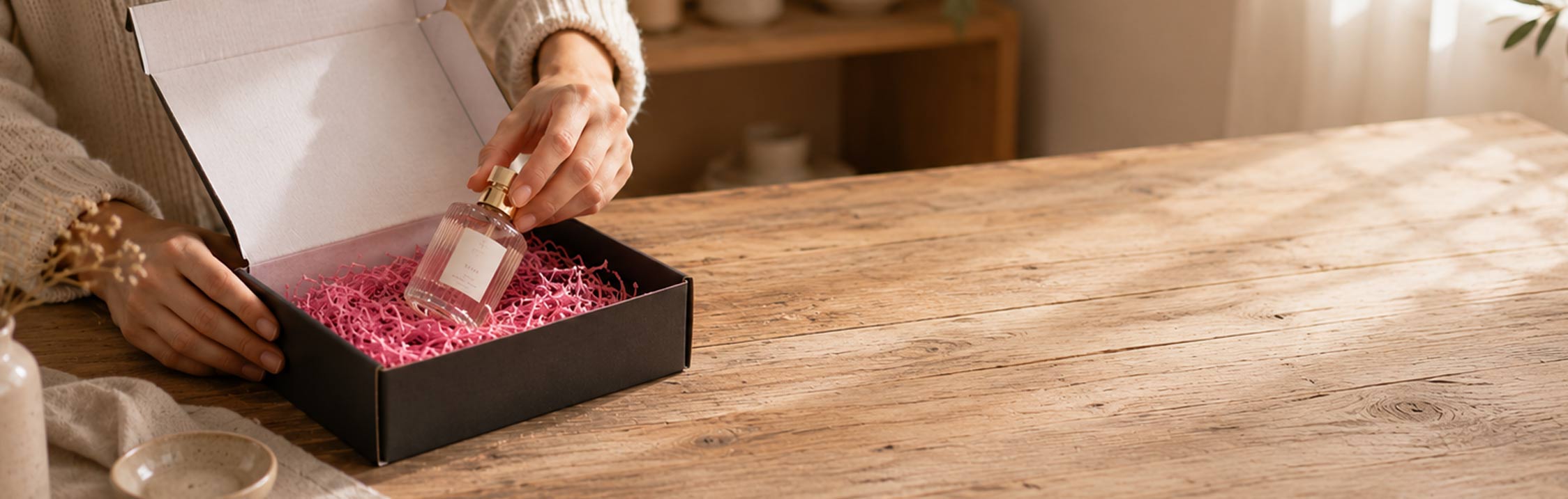 Person opening a black gift box with pink interior on a wooden table.