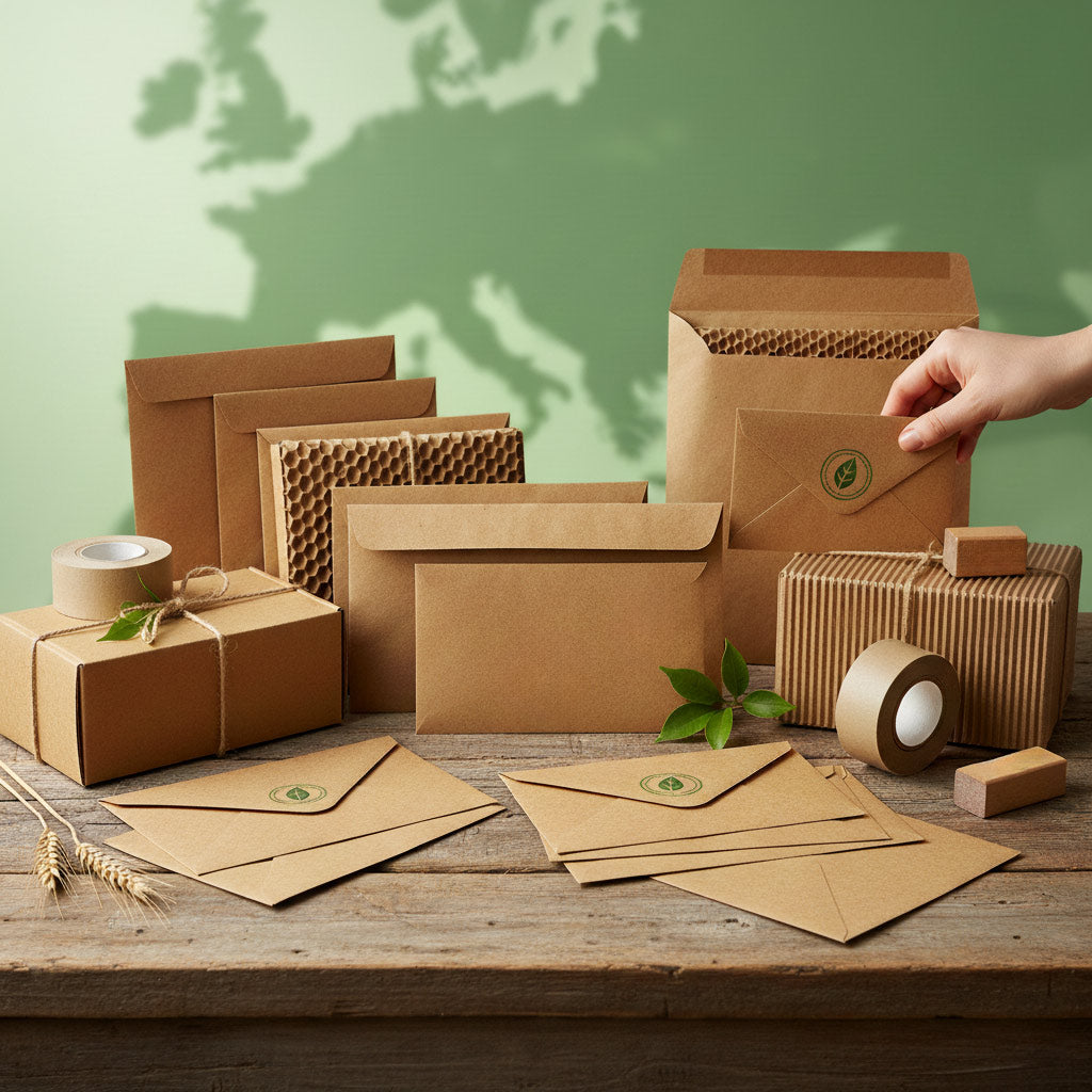 Collection of brown paper products including envelopes, boxes, and packaging on a wooden surface with a green background.