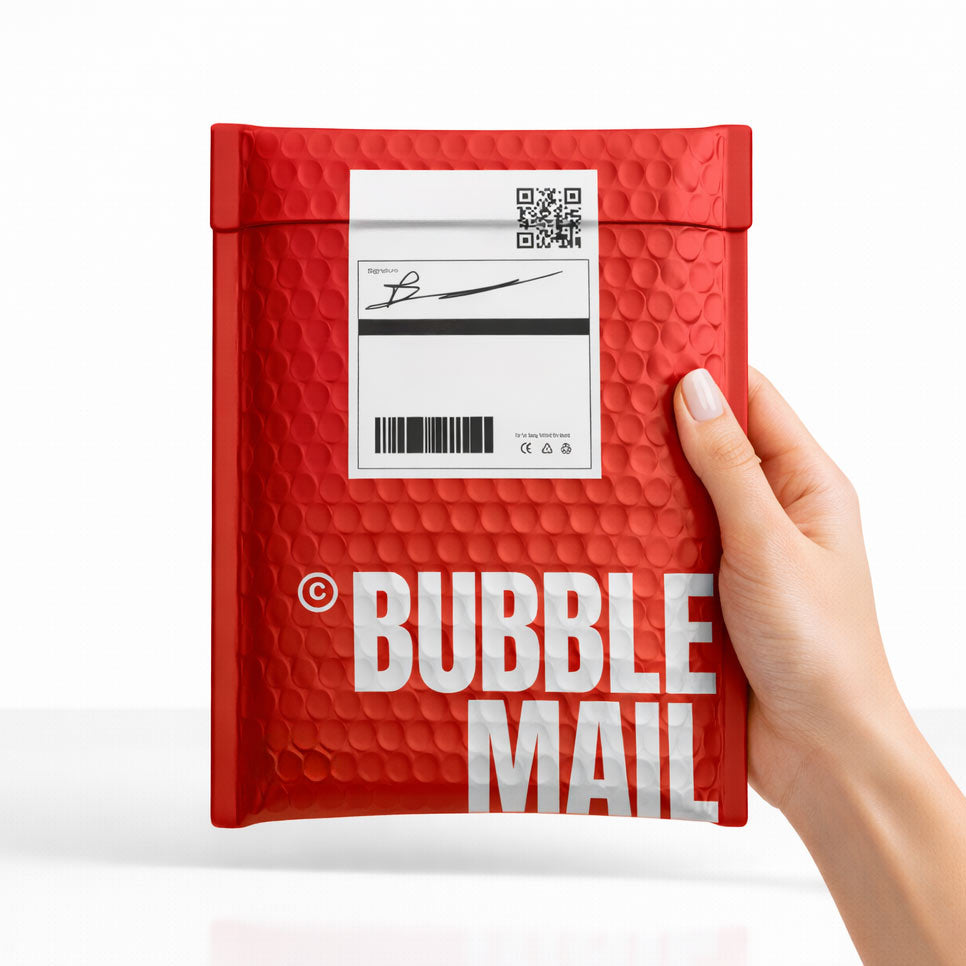 Red bubble mailer with a hand holding it on a white background