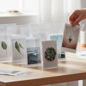 Hand holding a photo of a succulent plant on a wooden table with other small prints.
