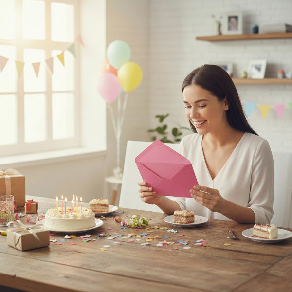 Woman opening a pink envelope at a birthday celebration with cake and balloons.