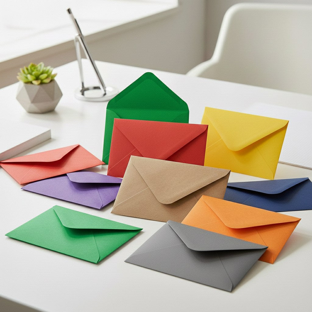 Colorful envelopes on a white surface with a plant and pen in the background.