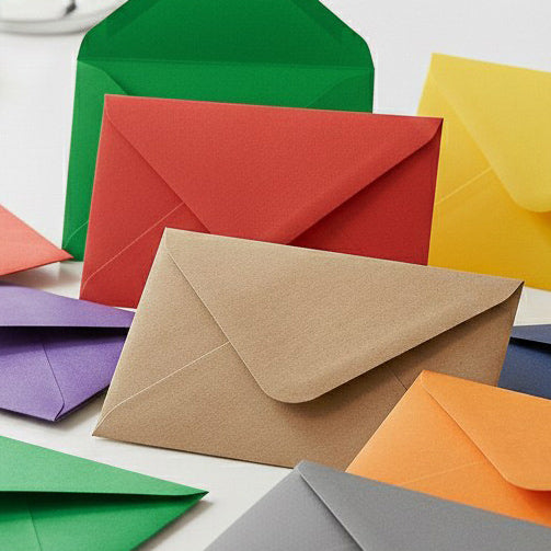 Colorful envelopes including green, red, yellow, brown, orange, and gray on a white background.
