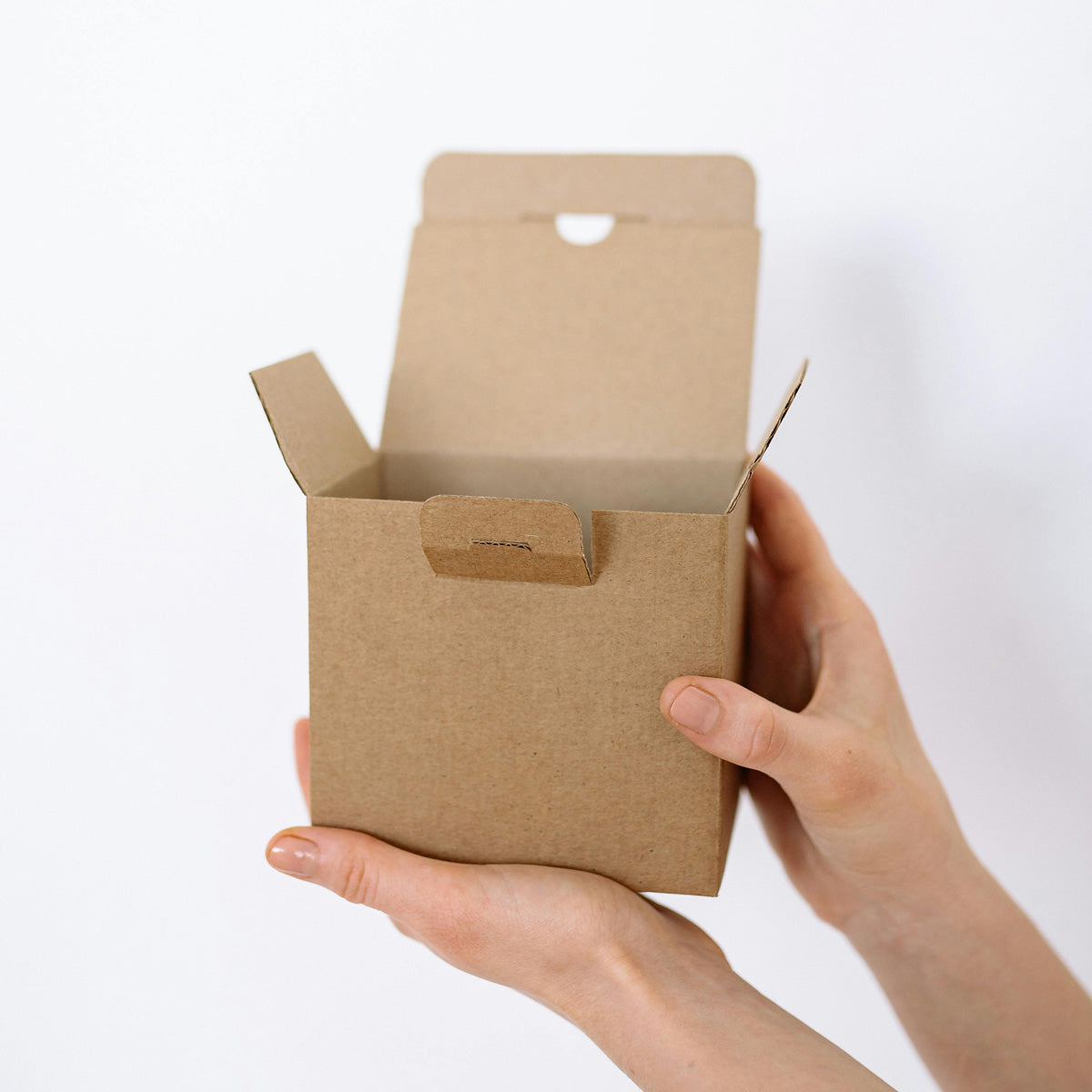 Person holding a small brown cardboard box against a white background
