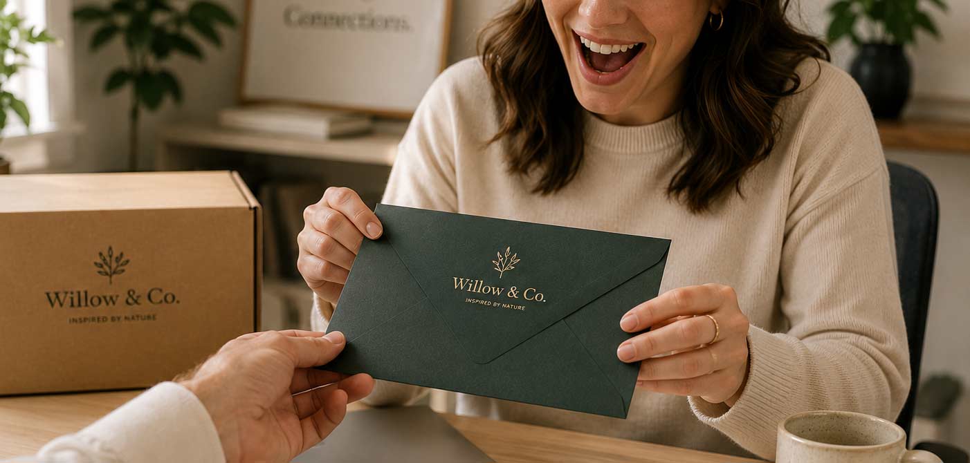 Woman receiving a green envelope with 'Willow & Co.' branding from another person in an indoor setting.