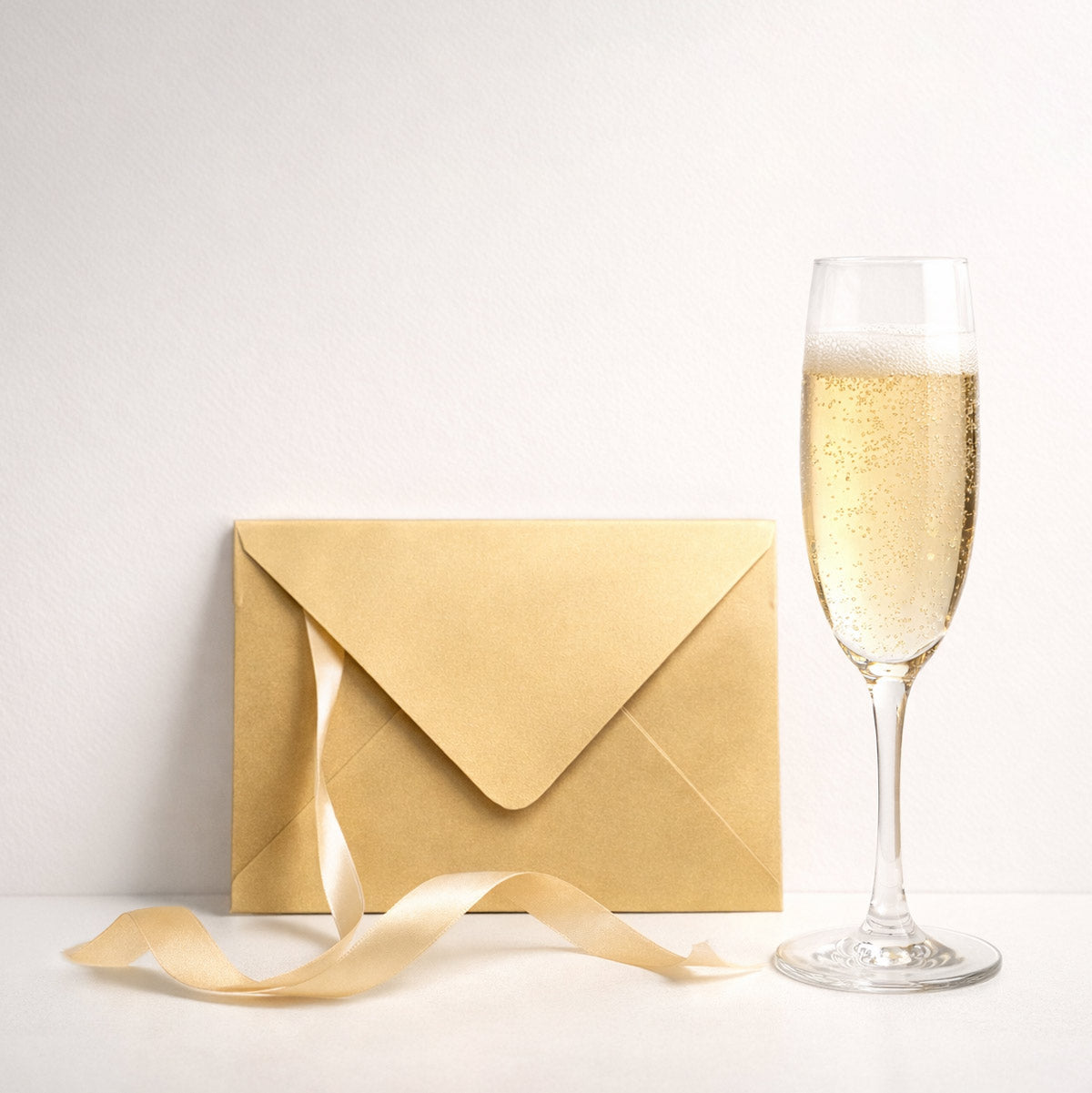 Gold envelope with a ribbon and a glass of champagne on a light background