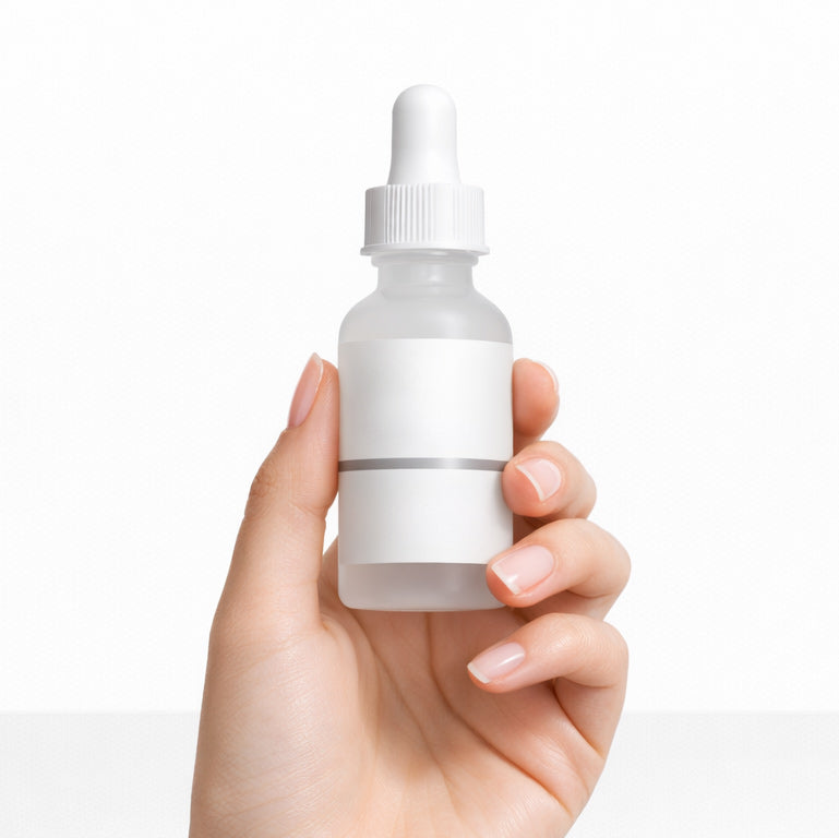 Hand holding a clear dropper bottle with a white cap on a light gray background