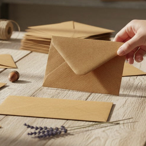 Hand holding a brown envelope on a wooden surface with more envelopes and a roll of twine in the background.