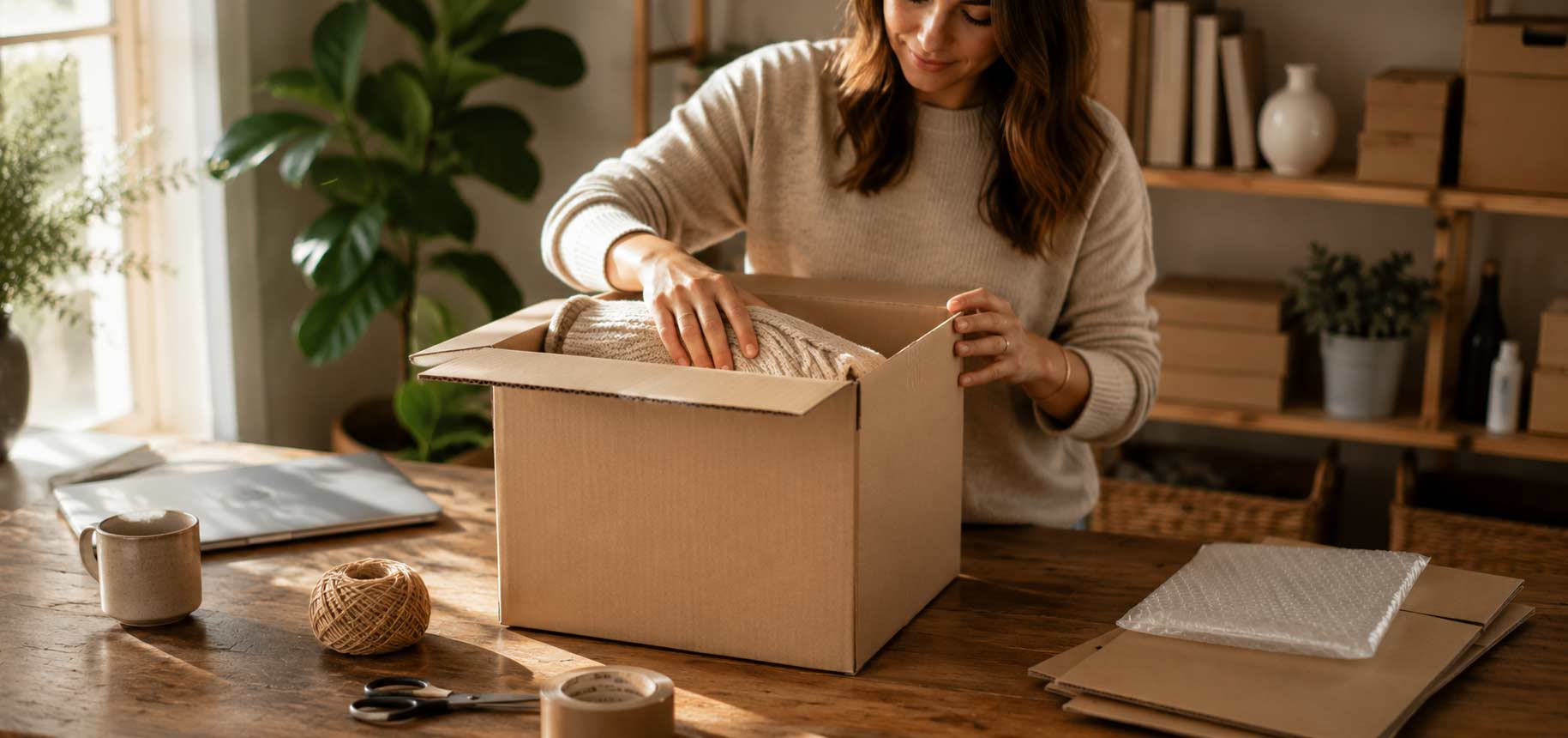 Woman unpacking a cardboard box in a home setting with books and plants in the background.