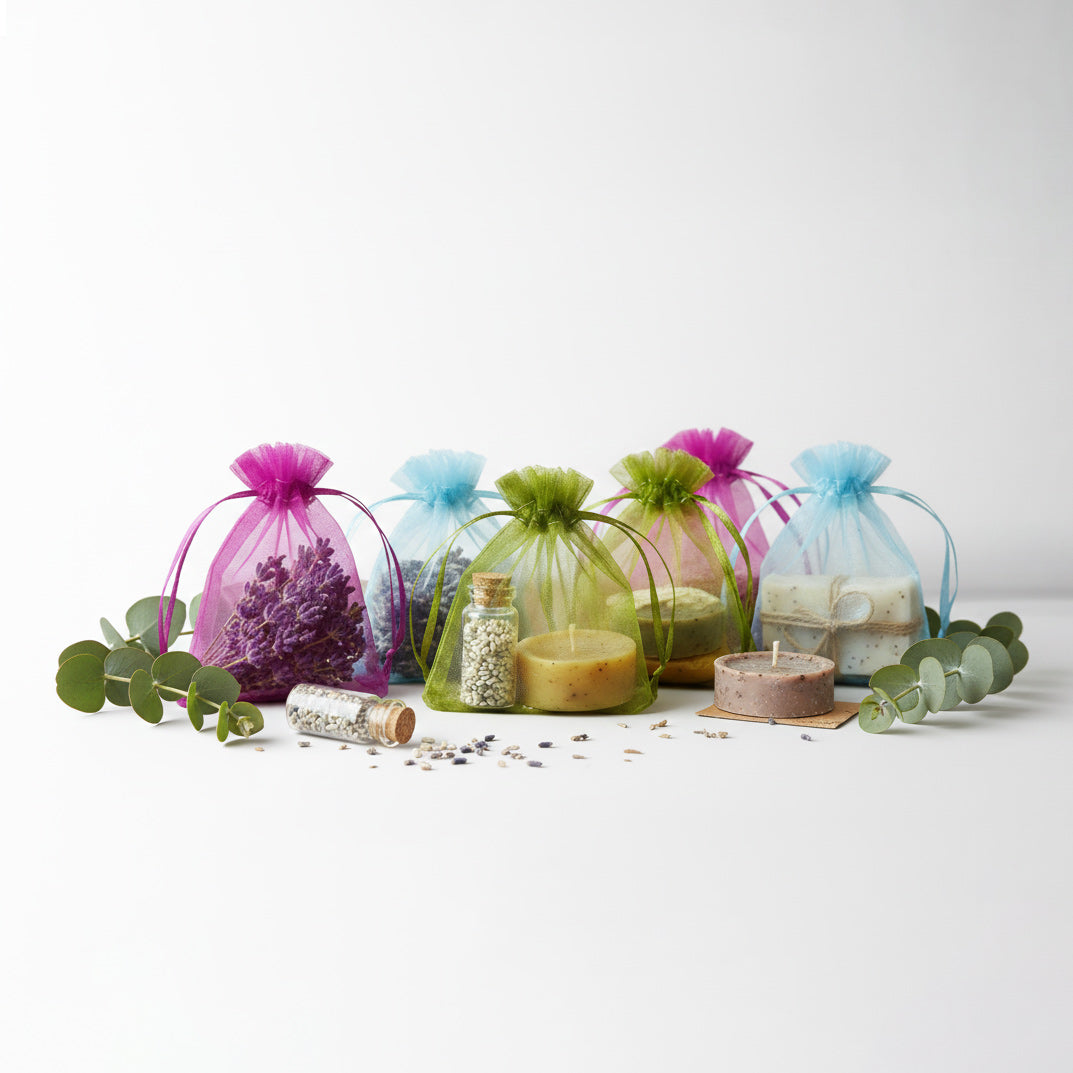 Decorative items including candles, bottles, and small plants in colorful bags on a white background