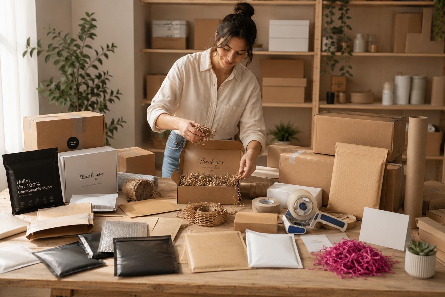 Woman packing items into a box in a room with shelves and various packaging materials.