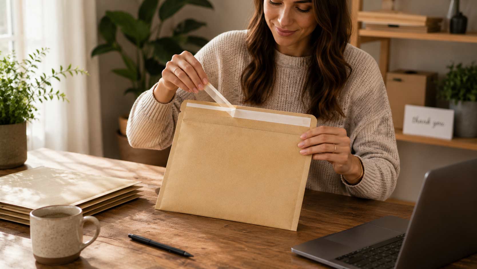 Woman opening a cardboard box at a desk with a laptop and mug nearby