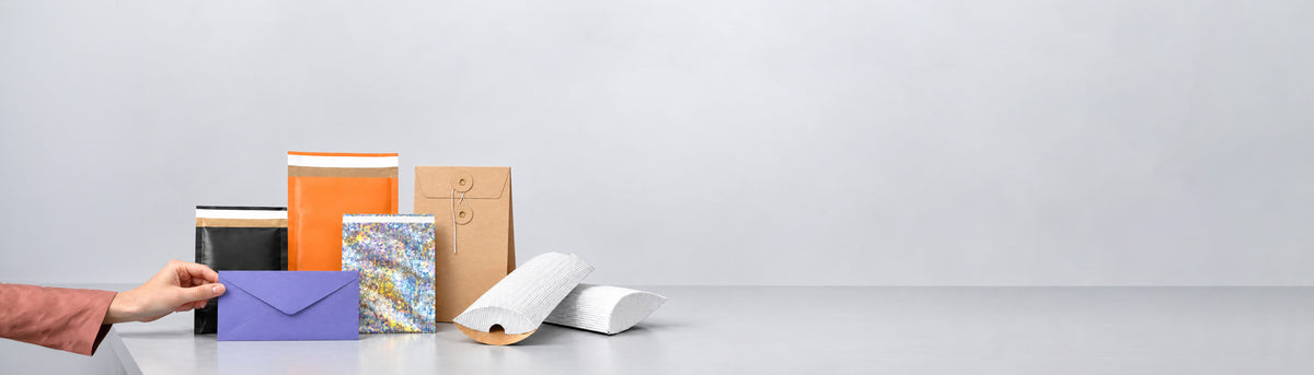 A hand on the left reaches toward a stack of colorful envelopes and paper mailers on a light gray tabletop against a pale gray background.