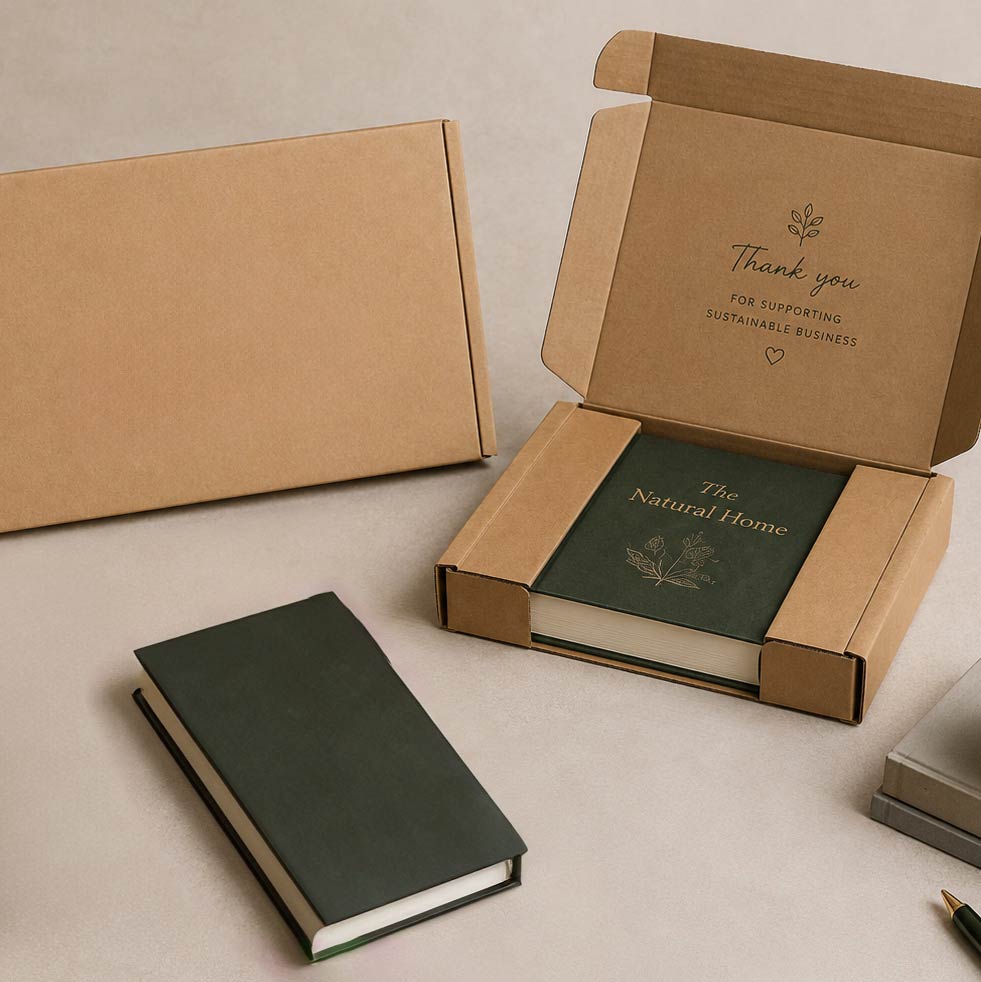 Green book and open brown cardboard box with 'The Natural Home' branding on a beige background