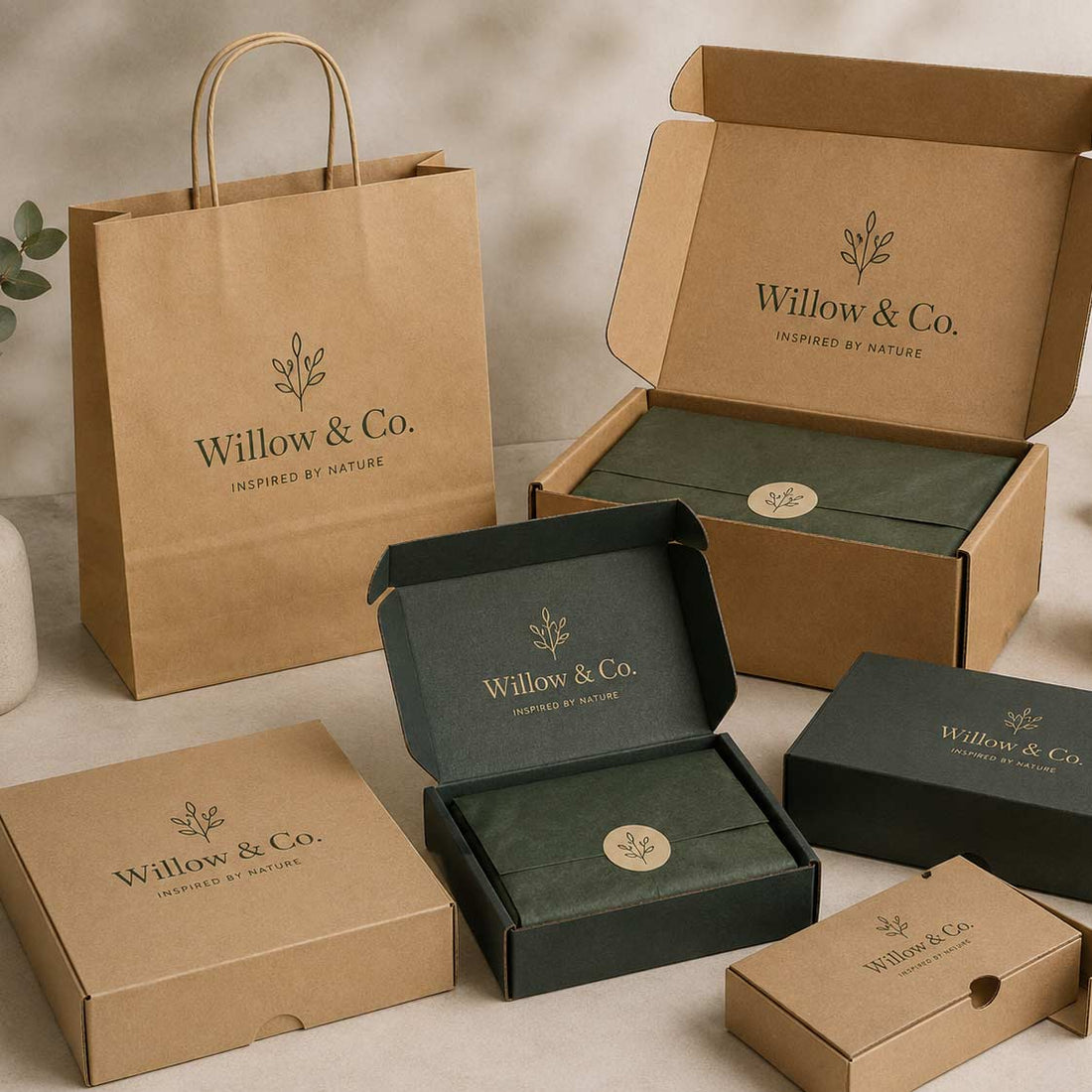 Willow & Co packaging including a brown paper bag, cardboard box, and black jewelry box on a neutral background.