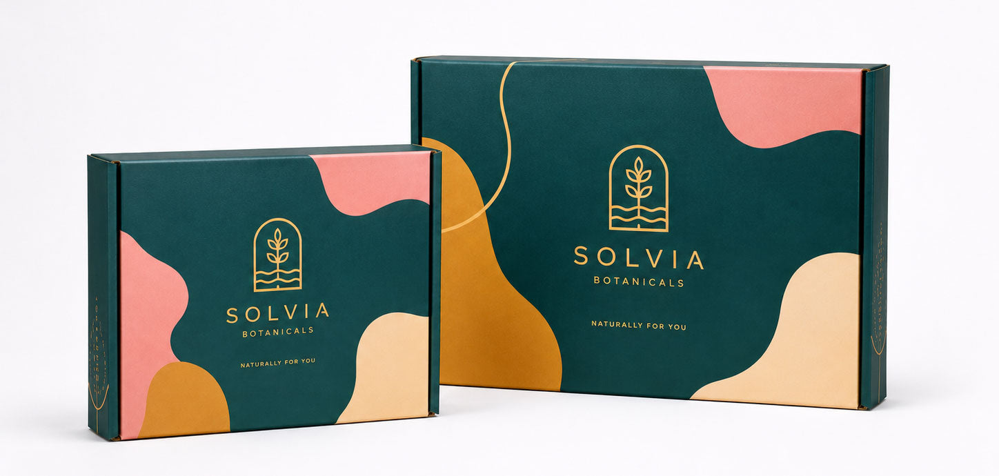 Two Solvia Botanicals boxes with colorful design on a white background