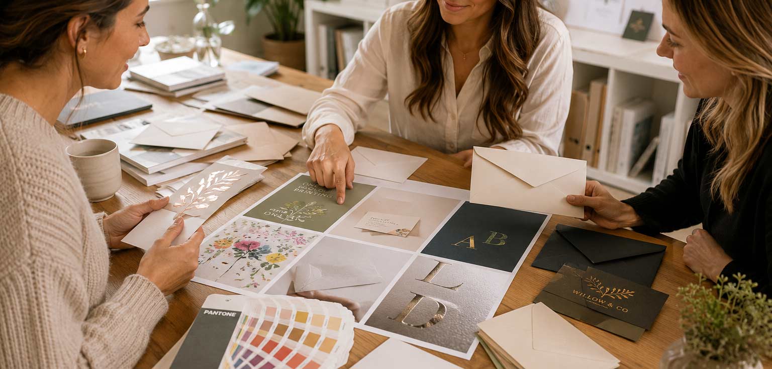 Three women working together at a table with design materials and stationery items.