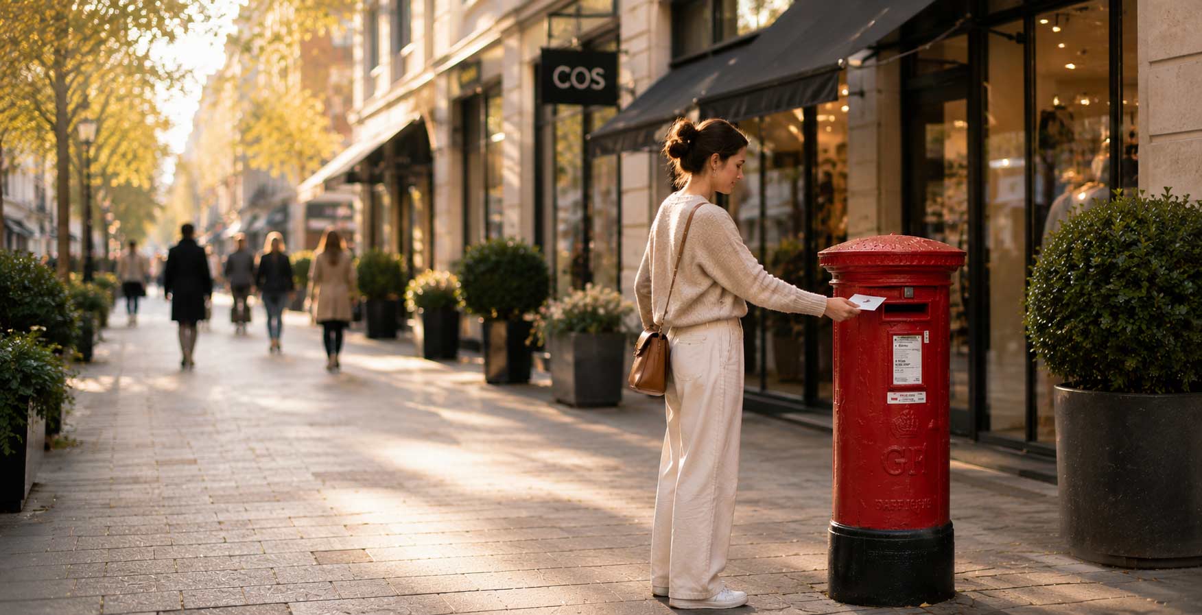 Woman using a red postbox on a city street with pedestrians and shops in the background