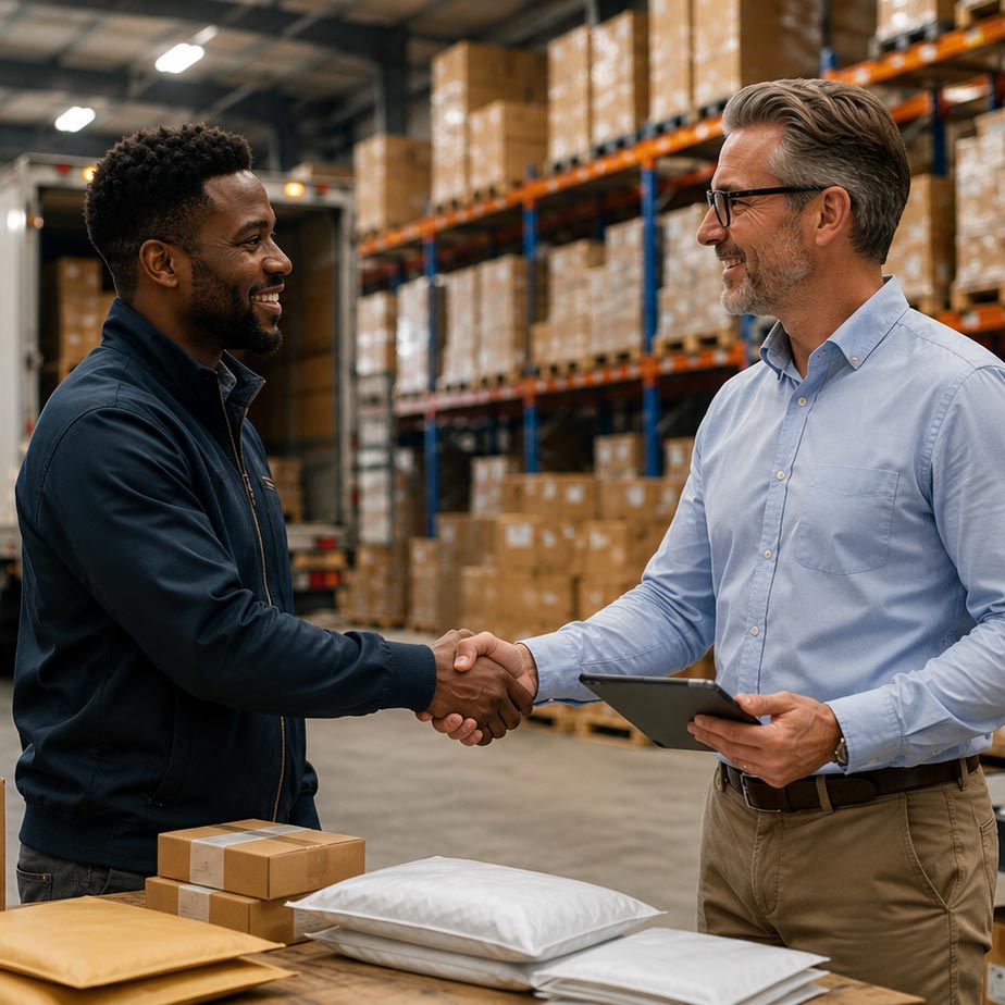Two men shaking hands in a warehouse setting with boxes and shelves in the background.
