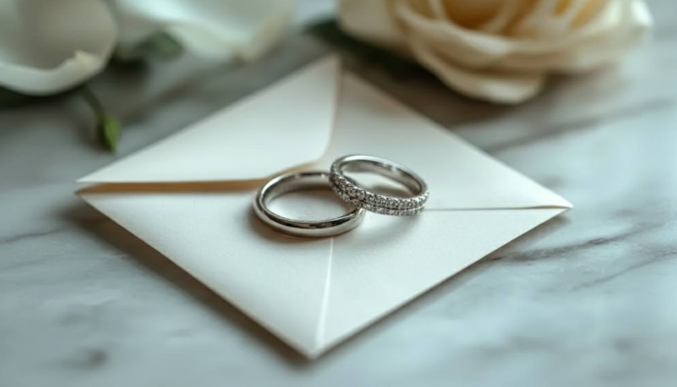 Two silver rings on a white envelope with flowers in the background
