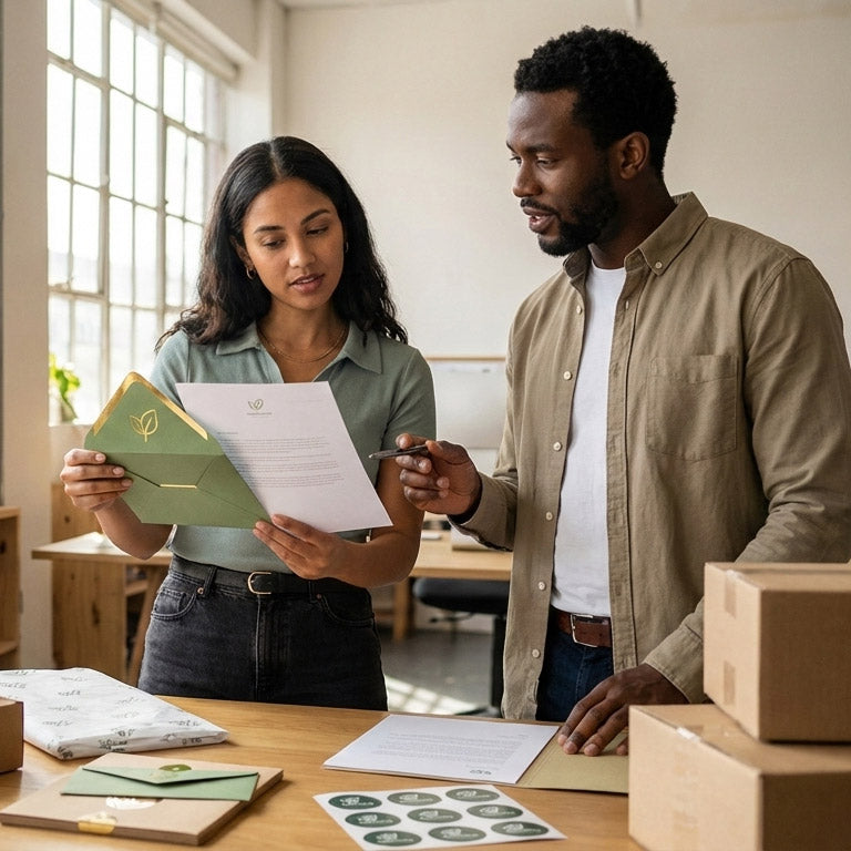 Two people reviewing documents in a home office setting