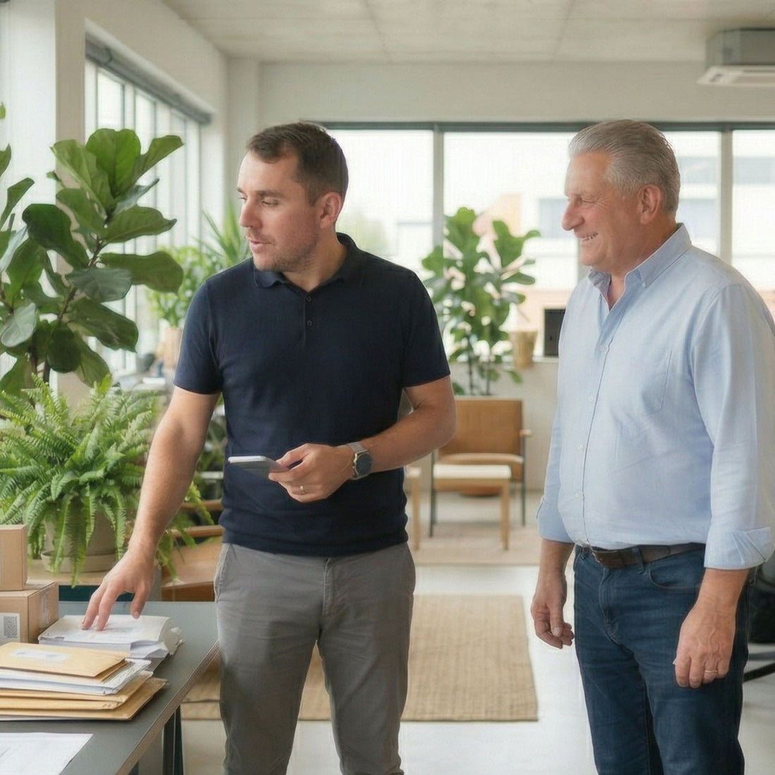 Two men standing in a modern office with plants and furniture.