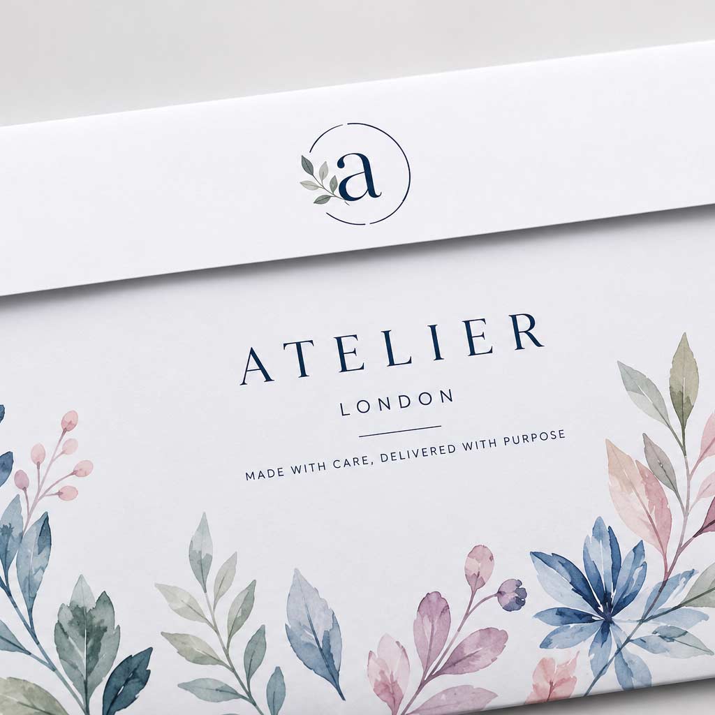Product packaging with 'Atelier London' branding and floral design on a white background
